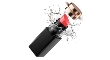 Red lipstick with gold lid and water splash