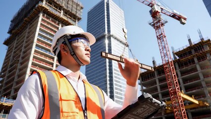 Construction engineer inspects a bustling urban site with highrise buildings in the background. modern architecture and development drive the city's transformation.