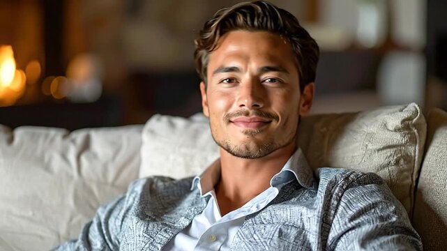 Handsome man with a charming smile relaxing on a comfortable couch in a cozy, indoor setting, exuding warmth and approachability