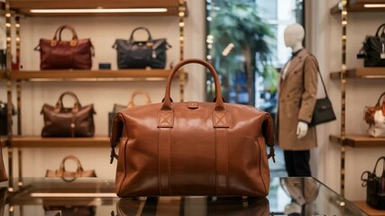 Luxury leather duffel bag displayed in upscale boutique with mannequins and stylish handbags for discerning travelers needing sophistication - Powered by Adobe