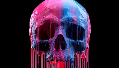 Human skull featuring vibrant pink and blue paint streams dripping down its forehead, visually representing abstract art, creativity, and the fusion of life and death concepts
- Powered by Adobe