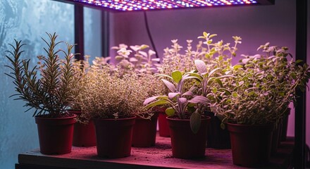 Indoor herb garden with various potted plants under LED grow lights. Green leaves of rosemary, mint, and other herbs are visible, frosted windows, winter atmosphere