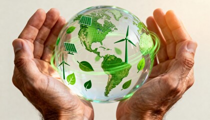 Hands holding globe with solar panels and windmills