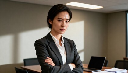 Woman in blazer with arms crossed in conference room