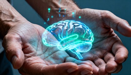 Holographic brain held in outstretched human hands