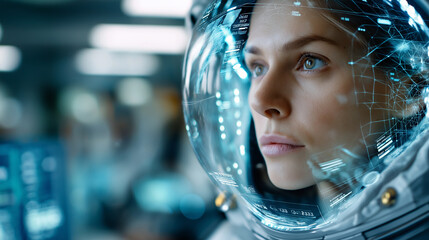 AI software prompts text-to-video scene of a female astronaut exploring a new planet, futuristic UI on monitor, creative lab atmosphere, with copy space