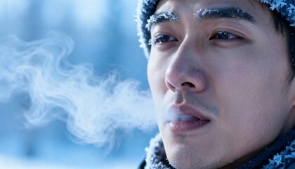 Man with frost on face exhaling in cold winter air