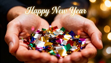 Hands holding confetti with happy new year message
