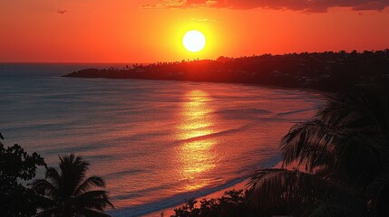 A breathtaking sunset paints the ocean with vibrant colors, framed by silhouetted palm trees. A serene and beautiful scene evoking tranquility and tropical paradise.