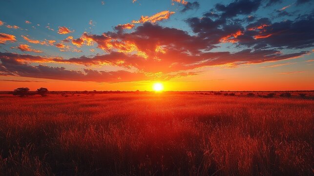 A stunning sunset featuring a field of red grass and a dramatic sky ablaze with orange and blue hues.  A captivating image of natural beauty and color.