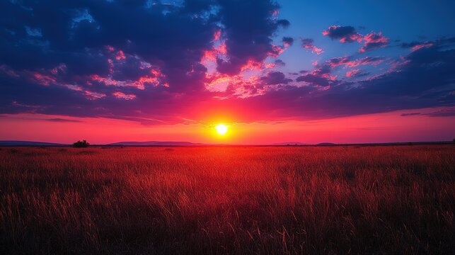 A breathtaking sunset illuminates a field of vibrant red grass beneath a deep blue sky, adorned with stunning pink and purple clouds. A serene and captivating landscape image.