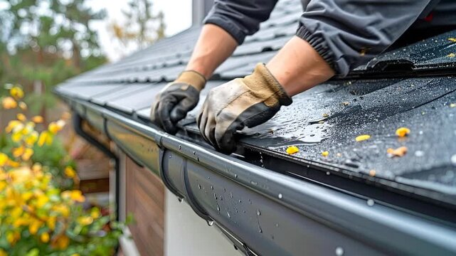 Close-up of a worker's hands cleaning fallen leaves and debris from a home's gutter system during autumn
