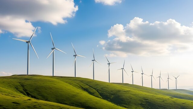 A long line of white wind turbines stands tall on a vibrant green rolling hillside under a bright blue sky with fluffy white clouds, symbolizing renewable energy.