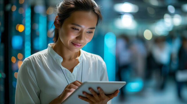 Asian female data analyst studying online logs on a tablet in server room, tracing bottlenecks, flow diagrams hovering, focused pose, with copy space