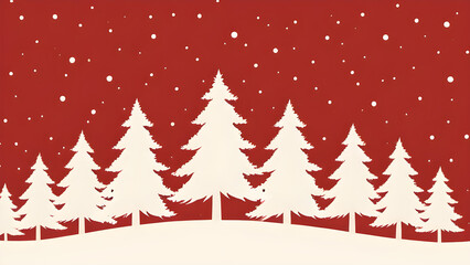 Obraz premium Whimsical Minimalist Flat Design Christmas Pine Tree Silhouettes, Red Snow