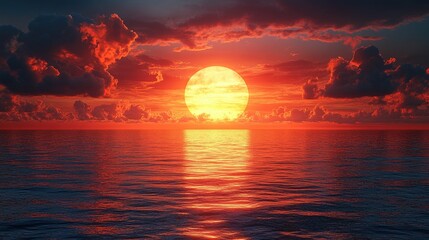 A breathtaking sunset scene featuring a vibrant sky filled with dramatic clouds, reflecting beautifully on the calm ocean surface. A serene and picturesque moment.