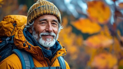 Smiling Hiker in Autumn Landscape Senior Man with Backpack in Nature's Beauty and Colors