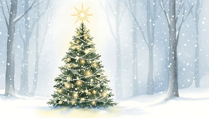Obraz premium Christmas Tree Glowing in Snowy Forest - Holiday Season Celebration