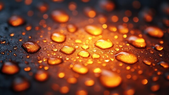 Close-up shot of water droplets on a dark surface, illuminated by a warm orange and yellow light. The droplets create a dynamic and textured effect, evoking feelings of freshness and vibrancy.