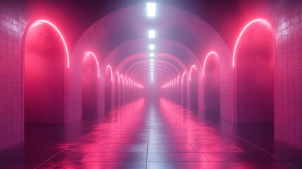 A vibrant tunnel filled with neon lights creates a futuristic and ethereal atmosphere. The arched structure and intense pink color generate a captivating and surreal visual experience.
