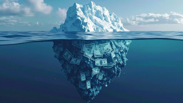 Conceptual illustration of a money iceberg, revealing vast hidden financial challenges, unseen wealth, and economic complexities beneath the calm surface, representing true costs and risks
