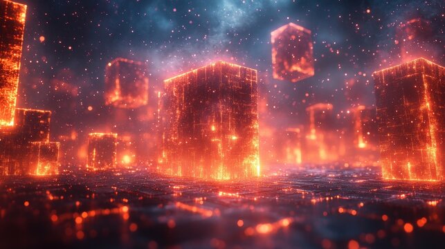 A dramatic cityscape rendered in vibrant fiery lights against a deep, dark backdrop, evoking a sense of technological advancement and intensity. - Powered by Adobe