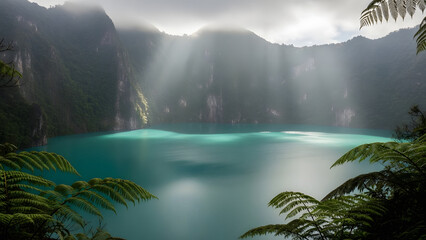 Tropical Crater Lake scenic landscape with turquoise water and misty rainforest cliffs at sunrise