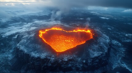 A dramatic heart-shaped volcanic eruption amidst a serene, snowy landscape. The fiery eruption contrasts beautifully with the surrounding winter scene, creating a powerful and emotive image.
