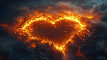 A dramatic image of a heart shape engulfed in flames, representing intense passion, energy, and burning desire against a dark, turbulent sky. Symbolizes love, strength, and determination.