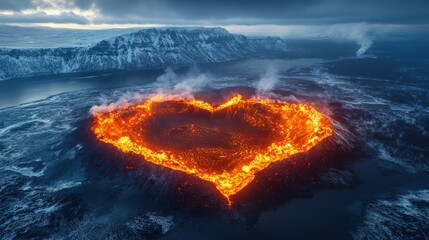 Fototapeta premium A dramatic shot of a heart-shaped fire blazing intensely against a backdrop of a snow-covered mountain. The scene evokes warmth and resilience in a cold, wintry environment.