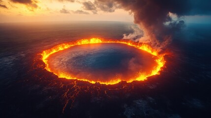 A dramatic image of a fiery lava ring erupting from a volcanic crater, set against a dramatic, stormy sky over a desolate, barren landscape.