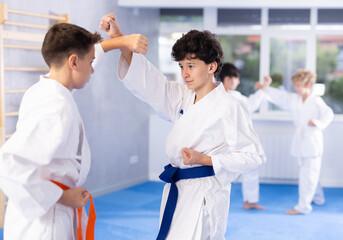 Fototapeta premium Karate kids in kimono sparring together during their group karate training at tatami in modern sports gym