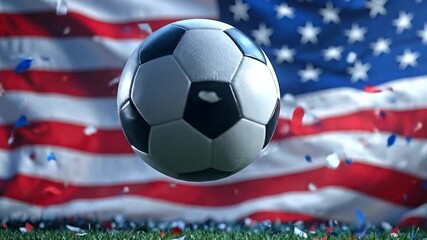 Soccer ball in mid-air with falling patriotic confetti, set against a blurred American flag, symbolizing national sports pride and athletic celebration - Powered by Adobe