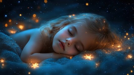 A peaceful child sleeps soundly beneath a breathtaking starry night sky, illuminated by swirling cosmic dust particles in warm orange and yellow tones. Evokes tranquility and wonder.