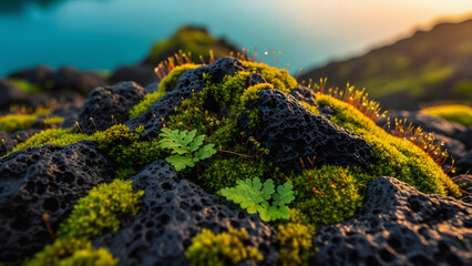 Tropical Crater Lake macro detail of green moss and ferns growing on black volcanic rock