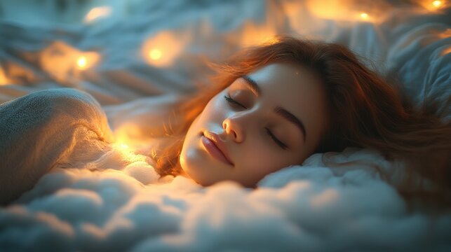 A woman peacefully sleeps on a radiant cloud, representing tranquility, dreams, and a sense of calm. Ideal for concepts related to relaxation, spirituality, and wellness.