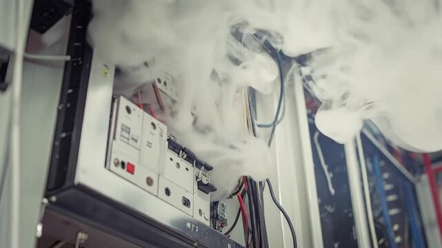 Electrical System Malfunction Emitting Dense Smoke in Industrial Setting Indicating a Technical Crisis and Urgent Safety Concern