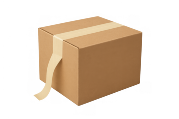 Cardboard box for shipping and delivery, sealed with packaging tape and ready for transport, transparent background