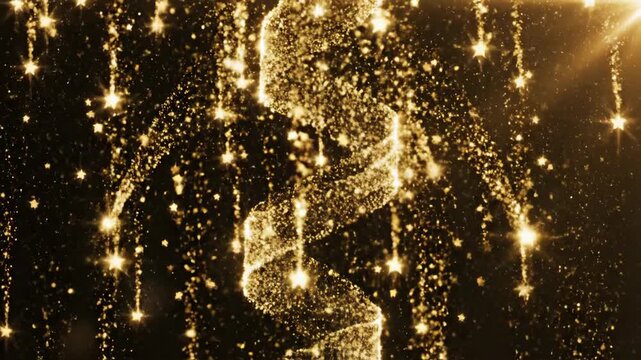 Abstract golden streamer and sparkling particles against dark background