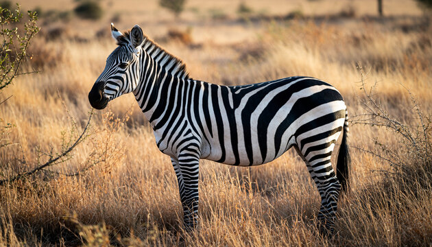 Elegant zebra standing tall in the African savanna, its striking stripes shimmering in the warm sunlight creating a captivating nature scene