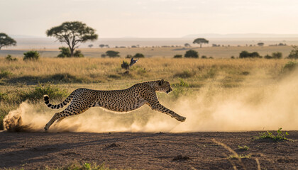 Majestic cheetah sprinting across savanna landscape, showcasing wild power and speed, perfect for wildlife documentaries and conservation campaigns