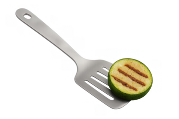 Stainless steel spatula holding a delicious grilled zucchini slice, preparing healthy vegan food, transparent background