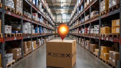 Dynamic shipping tracking with glowing location pin on package ready for delivery from warehouse, a modern supply chain management solution - Powered by Adobe