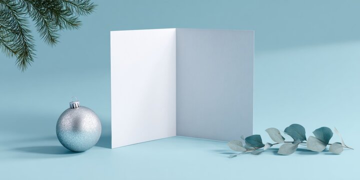 Ultra realistic holiday card mockup with blank folder and Christmas decorations