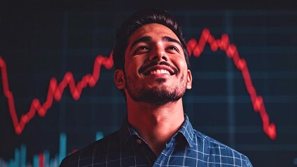 Confident young businessman smiles with optimism before a screen with a declining red stock market graph, symbolizing success during a financial crisis - Powered by Adobe