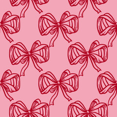 Bow ribbon vector seamless pattern in doodle sketch style with hand draw outline. Red on pink creates a cute romantic look. Good for card and holiday background. Perfect for simple fabric print ideas.