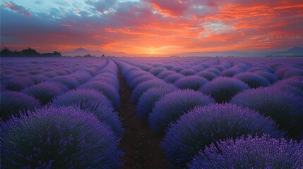 Vibrant sunrise over a vast lavender field.