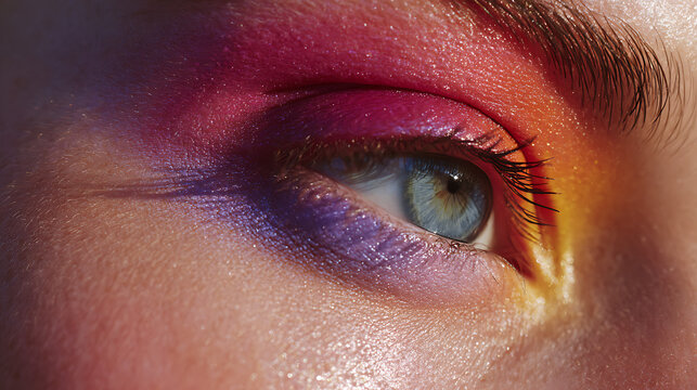 Mesmerizing blue eye with vibrant, colorful makeup shimmers in the light, showcasing artistry and beauty, perfect for cosmetic ads and fashion editorials