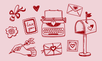 Love letter vector doodle set with typewriter and mail box in sketch style with hand drawn line art. Red on pink builds a romantic look. Good for valentine day design and for cute card background.