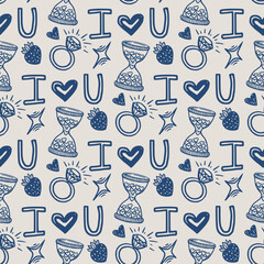 I Love You vector seamless pattern for wedding or engagement in doodle sketch style with hand drawn outline. Blue on beige with romantic mood. Good for valentine day design and cute card background.